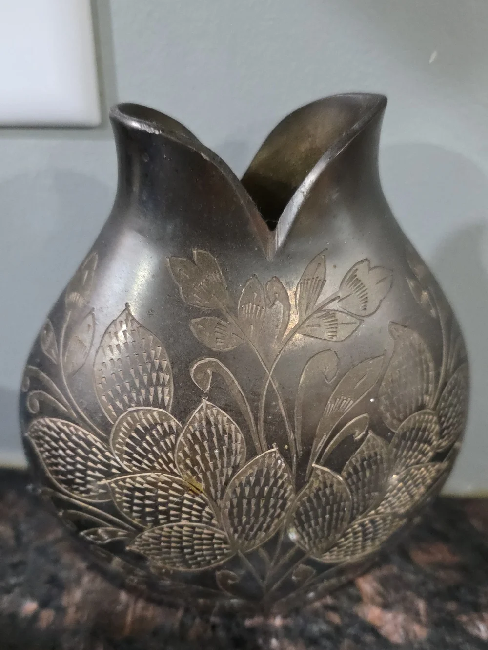 Ornate Floral Etched Metal Vase - Silver Finish